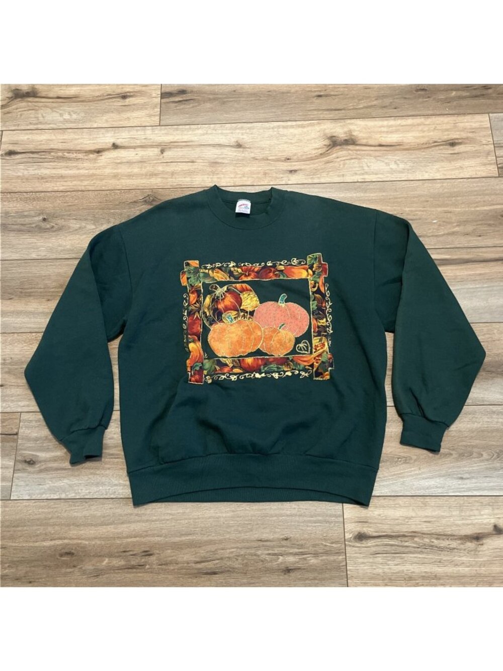 Vintage Jerzees Pumpkin Fall Sweatshirt SZ XL Green Leaves Border Glitter USA